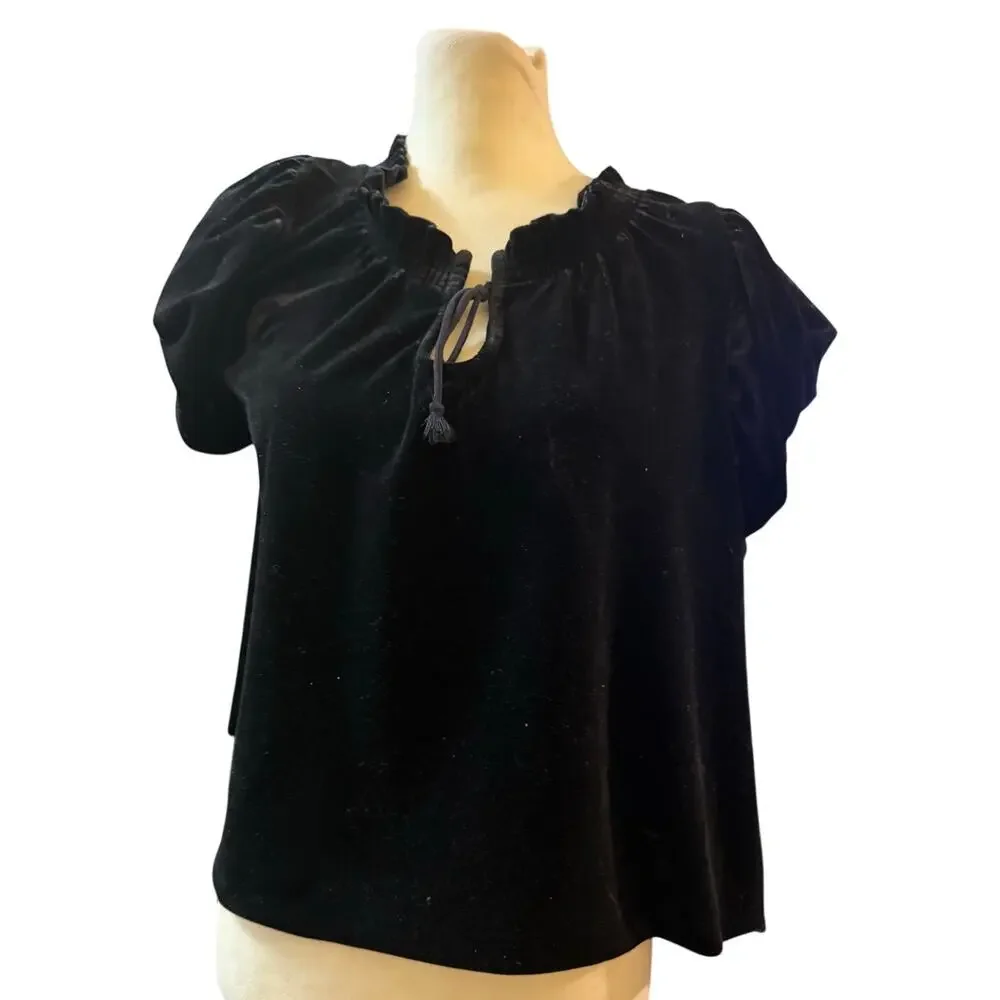 Free People Terese Black Velvet Babydoll Puff Sleeve Top, Romantic, Size Large